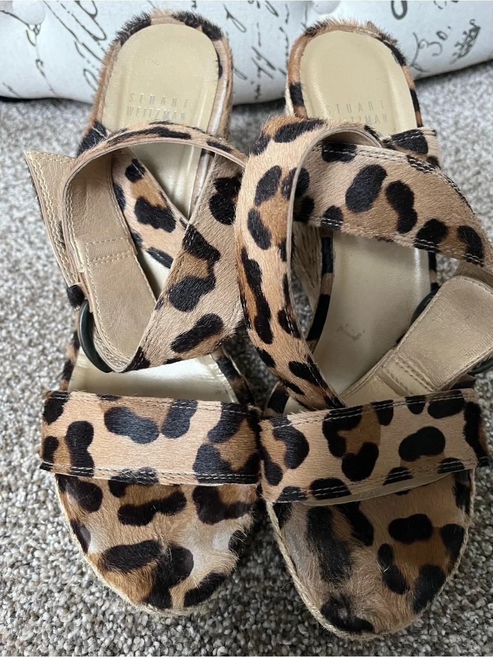 Stuart Weitzman Leopard Print Espadrille Wedge Sandals - Tan/Black Size 11 - Picture 9 of 11